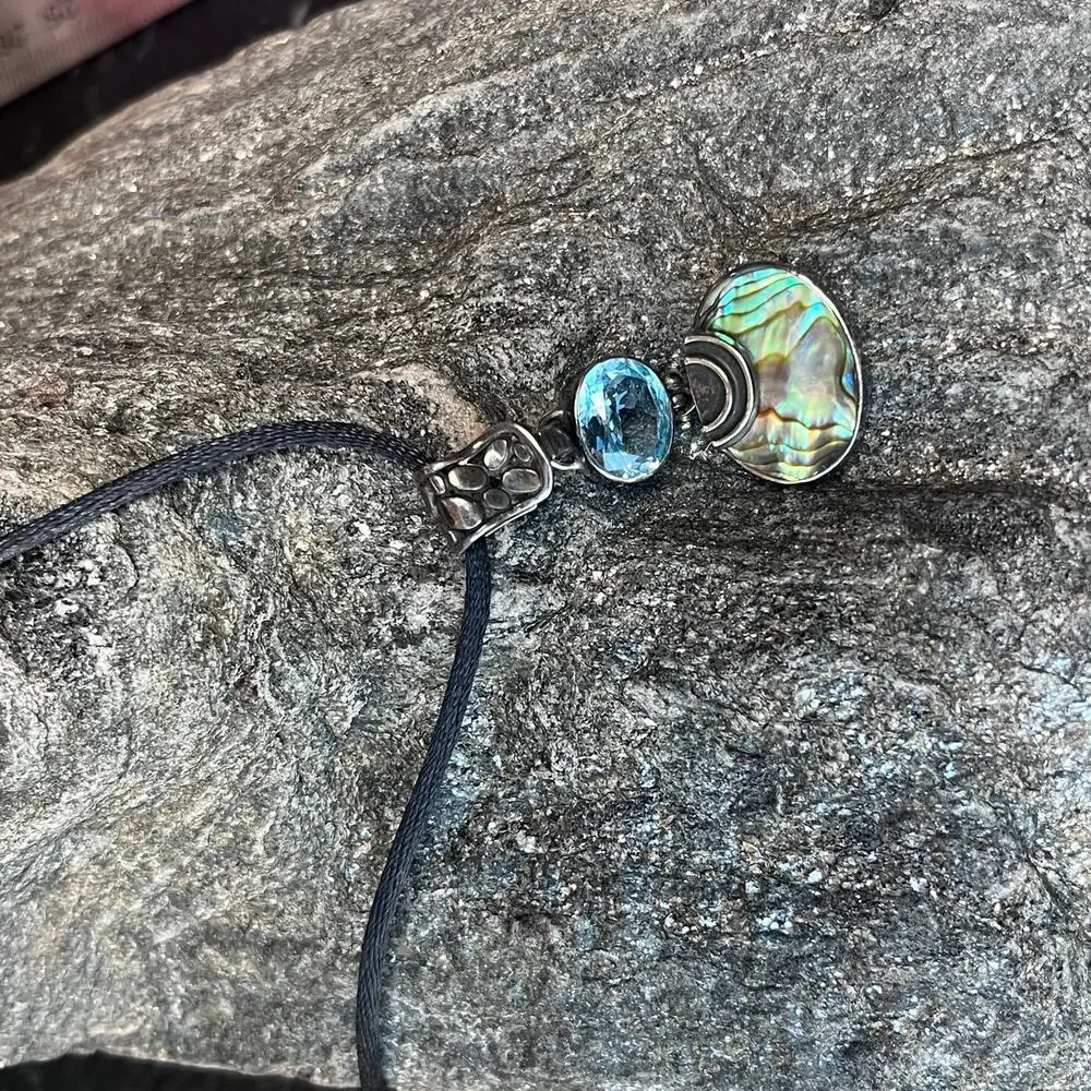 Vintage Estate Abalone and Blue Topaz Stone Pendant Necklace 925 Sterling Silver